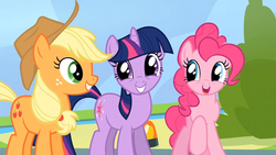 Size: 1274x720 | Tagged: safe, screencap, applejack, pinkie pie, twilight sparkle, earth pony, pony, unicorn, g4, wonderbolts academy, applejack's hat, cowboy hat, cute, diapinkes, female, happy, hat, looking at each other, mare, open mouth, smiling, unicorn twilight