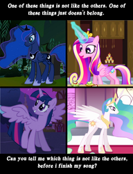 Size: 460x600 | Tagged: safe, princess cadance, princess celestia, princess luna, twilight sparkle, alicorn, pony, g4, alicorn drama, alicorn tetrarchy, sesame street, twilight sparkle (alicorn)