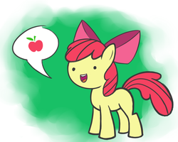 Size: 1000x800 | Tagged: safe, artist:cyberfire22, apple bloom, earth pony, pony, g4, apple, blank flank, dot eyes, face, female, solo, speech bubble