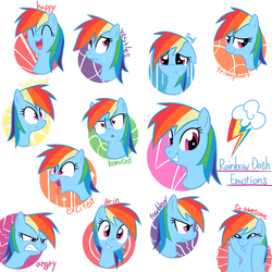 Size: 1000x1000 | Tagged: safe, artist:30clock, rainbow dash, pony, g4, angry, bemused, cutie mark, dashface, excited, expressions, female, grin, happy, portrait, restless, sad, simple background, solo, surprised, triumphant, troubled