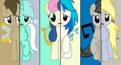 Size: 961x519 | Tagged: safe, artist:pika4chu, bon bon, derpy hooves, dj pon-3, doctor whooves, lyra heartstrings, octavia melody, sweetie drops, time turner, vinyl scratch, earth pony, pegasus, pony, unicorn, g4, background six, cutie mark, female, male, mare, stallion, swapped cutie marks, what my cutie mark is telling me
