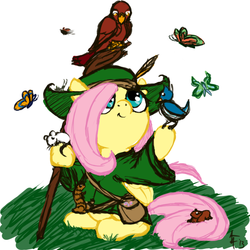 Size: 800x800 | Tagged: safe, artist:aa, fluttershy, bird, butterfly, mouse, pegasus, pony, g4, bag, clothes, critters, crossover, cute, female, folded wings, hat, looking up, lord of the rings, mare, radagast, robe, shyabetes, sitting, staff, the hobbit, wings, wizard