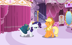 Size: 943x583 | Tagged: safe, artist:dacowta, applejack, rarity, earth pony, pony, unicorn, g4, magical mystery cure, ^^, alleged dress, applejack's hat, carousel boutique, cowboy hat, duo, duo female, eyes closed, female, hat, mare, measuring tape, swapped cutie marks