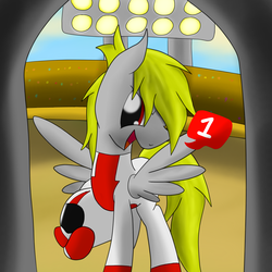 Size: 2600x2600 | Tagged: safe, artist:flashiest lightning, oc, oc only, oc:lightning flash, pegasus, pony, ask, happy, helmet, professional, race track, racer, solo, spread wings, tumblr