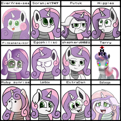 Size: 1000x1000 | Tagged: safe, artist:scramjet747, sweetie belle, pony, robot, robot pony, unicorn, anthro, g4, anthro with ponies, art style challenge, egophiliac-ish, female, fish face, floppy ears, future sweetie bot, hooves, horn, karl pilkington, mare, older, open mouth, shepherd0821-ish, smiling, solo, style emulation, sweetie bot, teeth, tongue out, tumblr