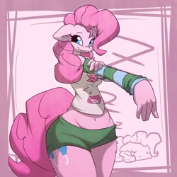 Size: 1280x1280 | Tagged: safe, artist:efrejok, pinkie pie, earth pony, anthro, g4, belly button, clothes, female, hips, impossibly wide hips, midriff, shorts, solo, wide hips