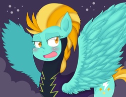 Size: 2250x1750 | Tagged: safe, artist:janji009, lightning dust, pegasus, pony, g4, blushing, feathered wings, female, looking sideways, mare, open mouth, shadowbolts, solo, spread wings, wings