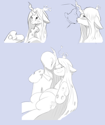 Size: 840x1000 | Tagged: dead source, safe, artist:jalm, queen chrysalis, oc, oc:anon, human, pony, g4, blushing, carrying, eyes closed, floppy ears, holding a pony, hug, kissing, shipping, sketch dump, smiling