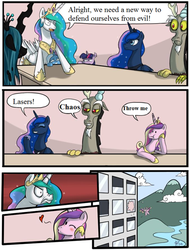 Size: 500x662 | Tagged: safe, discord, princess cadance, princess celestia, princess luna, queen chrysalis, trixie, twilight sparkle, g4, comic, defenestration, employer meme, epic wife tossing, exploitable meme, hejibits