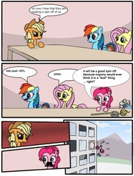 Size: 680x891 | Tagged: safe, applejack, fluttershy, pinkie pie, rainbow dash, g4, comic, defenestration, employer meme, exploitable meme, hejibits, meme, no relevance