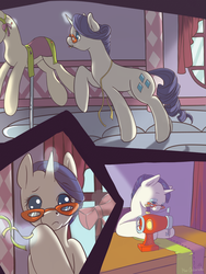 Size: 1200x1600 | Tagged: safe, artist:wolfiedrawie, rarity, g4, comic, glasses, mannequin, sewing, sewing machine