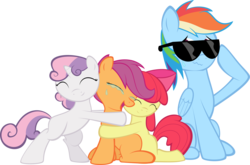 Size: 9282x6114 | Tagged: safe, artist:iamadinosaurrarrr, apple bloom, rainbow dash, scootaloo, sweetie belle, earth pony, pegasus, pony, unicorn, g4, absurd resolution, cutie mark crusaders, female, filly, foal, horn, hug, mare, scootalove, simple background, sunglasses, transparent background