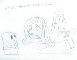 Size: 1924x1498 | Tagged: safe, artist:2shyshy, fluttershy, shy guy, g4, 30 minute art challenge, crossover, nintendo, super mario bros., super mario bros. 2, traditional art