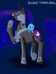 Size: 1200x1600 | Tagged: safe, artist:jigsaw91, nightmare moon, trixie, pony, unicorn, g4, 30 minute art challenge, eyeshadow, female, foal, makeup, mare, solo
