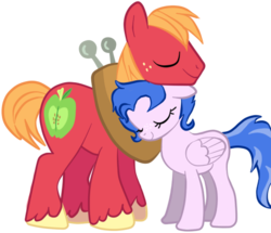 Size: 505x435 | Tagged: safe, artist:kressio, big macintosh, oc, oc:blue brume, pegasus, pony, g4, canon x oc, cute, duo, eyes closed, female, floppy ears, male, mare, neck nuzzle, nuzzling, shipping, smiling, stallion, straight