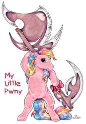 Size: 553x800 | Tagged: safe, artist:jwillard, pony, g3, axe, bipedal, female, halberd, hoof hold, looking at you, mad (tv series), mad magazine, my little pwny, scythe, simple background, smiling, solo, weapon, white background