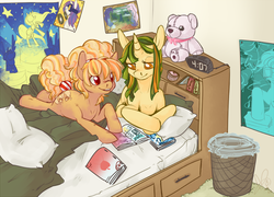 Size: 1000x720 | Tagged: safe, artist:clovercoin, oc, oc only, earth pony, pony, unicorn, bed, bedroom, clock, colored pupils, duo, duo female, female, hairband, lying down, magazine, mare, pillow, poster, prone, reading, signature, smiling, tail wrap, talking, teddy bear, trash can, unamused