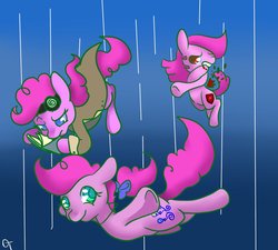Size: 942x848 | Tagged: safe, artist:cotton, oc, oc only, oc:confetti, oc:giggles, oc:hacky, earth pony, pony, clone, falling, female, irc, mare, pinkie clone