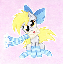 Size: 2000x2032 | Tagged: safe, artist:agamnentzar, derpy hooves, pegasus, pony, g4, bow, chest fluff, clothes, cute, female, hnnng, letter, mail, mare, mouth hold, scarf, socks, solo, striped socks, traditional art