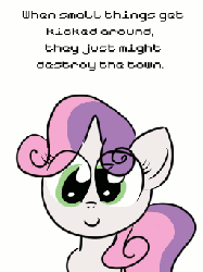Size: 256x342 | Tagged: safe, sweetie belle, pony, robot, unicorn, friendship is witchcraft, g4, animated, female, filly, foal, hooves, horn, red eyes, simple background, smiling, solo, sweetie bot, text, white background