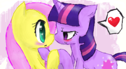 Size: 983x538 | Tagged: safe, artist:farfromserious, fluttershy, twilight sparkle, pegasus, pony, unicorn, g4, blushing, boop, cute, female, floppy ears, heart, lesbian, nose wrinkle, noseboop, ship:twishy, shipping, unicorn twilight