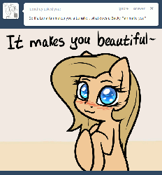 Size: 650x700 | Tagged: safe, artist:slavedemorto, oc, oc only, oc:backy, pony, :3, animated, ask, blushing, cute, dialogue, hoof on chest, looking at you, tumblr, wingding eyes