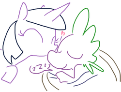 Size: 634x483 | Tagged: safe, artist:weaver, spike, twilight sparkle, dragon, pony, unicorn, g4, female, heart, interspecies, kissing, male, mare, ship:twispike, shipping, simple background, sleeping, straight, white background, zzz
