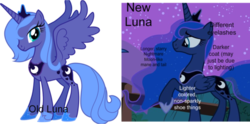 Size: 680x338 | Tagged: safe, edit, edited screencap, screencap, princess luna, alicorn, pony, g4, luna eclipsed, season 1, season 2, artifact, comparison, female, hoof shoes, jewelry, mare, meta, peytral, s1 luna, text, tiara