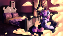 Size: 1605x925 | Tagged: safe, artist:mewball, sweetie belle, pony, g4, bed, female, messy, sad, solo, surreal, sweetie fail