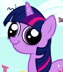 Size: 307x350 | Tagged: safe, edit, edited screencap, screencap, twilight sparkle, pony, g4, lesson zero, eye bulging, eyes, female, hey you, mare, smiling, solo