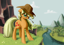 Size: 1000x707 | Tagged: safe, artist:fiddlearts, applejack, earth pony, pony, g4, badass, female, scenery, solo