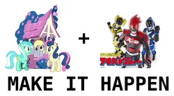 Size: 1807x1000 | Tagged: safe, bon bon, derpy hooves, lyra heartstrings, sweetie drops, g4, exploitable meme, hikounin sentai akibaranger, make it happen, super sentai, text, unofficial super sentai