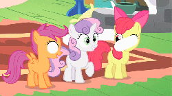 Size: 640x360 | Tagged: safe, artist:capnpea, edit, edited screencap, screencap, apple bloom, scootaloo, sweetie belle, g4, animated, cursed image, cutie mark crusaders, eye, eyeball, eyes, female, fimbriae, gif, looking at each other, looking at someone, not salmon, wat