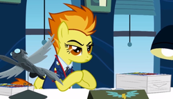 Size: 524x301 | Tagged: safe, screencap, spitfire, pony, g4, wonderbolts academy, animation error, clothes, desk, drill sergeant, female, hooves together, lamp, mare, necktie, office, paperwork, raised eyebrow, solo, spitfire's office, spitfire's tie, uniform, window, wonderbolts dress uniform