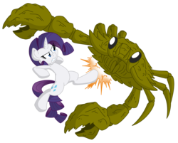 Size: 1492x1200 | Tagged: safe, artist:dfectivedvice, artist:xhazxmatx, rarity, crab, pony, unicorn, g4, colored, female, fight, kick, mare, rarity fighting a giant crab, simple background, transparent background, vector