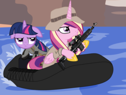 Size: 3600x2700 | Tagged: safe, artist:beavernator, princess cadance, twilight sparkle, g4, call of duty, call of duty: modern warfare 2, captain price, crossover, gun, john "soap" mactavish, m14, m14 ebr, rifle, twilight sparkle is not amused, unamused, weapon, zodiac (watercraft)