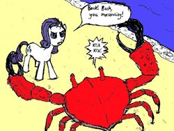 Size: 1062x800 | Tagged: safe, artist:doctorspectrum, rarity, crab, pony, unicorn, g4, beach, female, fight, mare, rarity fighting a giant crab