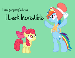 Size: 509x390 | Tagged: safe, artist:graciegirl328, apple bloom, rainbow dash, g4, bonnet, macklemore, rainbow dash always dresses in style, thrift shop