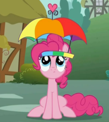 Size: 645x720 | Tagged: safe, screencap, pinkie pie, earth pony, pony, feeling pinkie keen, g4, cute, female, hat, solo, umbrella, umbrella hat