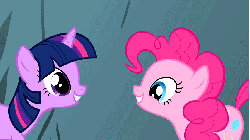 Size: 853x480 | Tagged: safe, screencap, pinkie pie, twilight sparkle, earth pony, pony, unicorn, feeling pinkie keen, g4, season 1, animated, bipedal, butt, cute, daaaaaaaaaaaw, diapinkes, duo, eye contact, female, gif, grin, holding hooves, hug, looking at each other, mare, plot, smiling, squee, talking, unicorn twilight