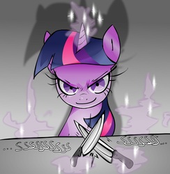 Size: 1564x1600 | Tagged: safe, artist:skutchi, twilight sparkle, pony, g4, female, knife, magic, sinister, smiling, solo