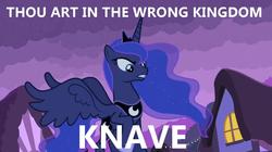 Size: 1128x632 | Tagged: safe, edit, edited screencap, screencap, princess luna, pony, g4, luna eclipsed, my little pony: friendship is magic, caption, female, image macro, mare, solo, wrong neighborhood