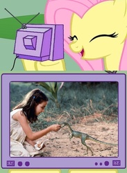 Size: 563x771 | Tagged: safe, fluttershy, dinosaur, pegasus, pony, g4, adventure in the comments, compsognathus, exploitable meme, fs doesn't know what she's getting into, happy, jurassic park, meme, philosophy in the comments, the lost world, this will end in tears, tv meme