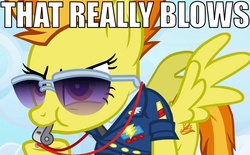 Size: 1160x720 | Tagged: safe, spitfire, g4, wonderbolts academy, blowing whistle, caption, clothes, image macro, pun, reaction image, spitfire's whistle, sunglasses, that really blows, uniform, whistle