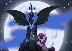 Size: 1280x905 | Tagged: safe, artist:the-wag, nightmare moon, twilight sparkle, alicorn, pony, unicorn, g4, 30 minute art challenge, bad end, collar, crying, female, glowing eyes, leash, mare, moon