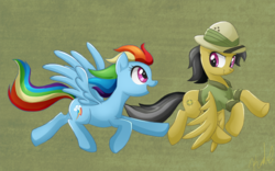 Size: 900x560 | Tagged: safe, artist:sanraia, daring do, rainbow dash, pegasus, pony, g4, chase, duo, female, happy, mare