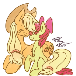 Size: 1800x1800 | Tagged: safe, artist:thundershock0823, apple bloom, applejack, g4, chest fluff, eyes closed, nuzzling, simple background, sisters