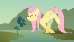 Size: 4000x2250 | Tagged: safe, artist:fluttershythekind, fluttershy, pony, g4, female, flower, sniffing, solo, water