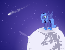 Size: 1286x1000 | Tagged: safe, artist:empty-10, princess luna, pony, g4, comet, female, mare in the moon, moon, s1 luna, shooting star, solo, space, the little prince