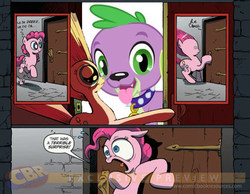 Size: 900x700 | Tagged: safe, idw, pinkie pie, spike, dog, equestria girls, g4, dog drama, exploitable meme, meme, spike drama, spike the dog, spike's dog collar, stock vector, surprise door